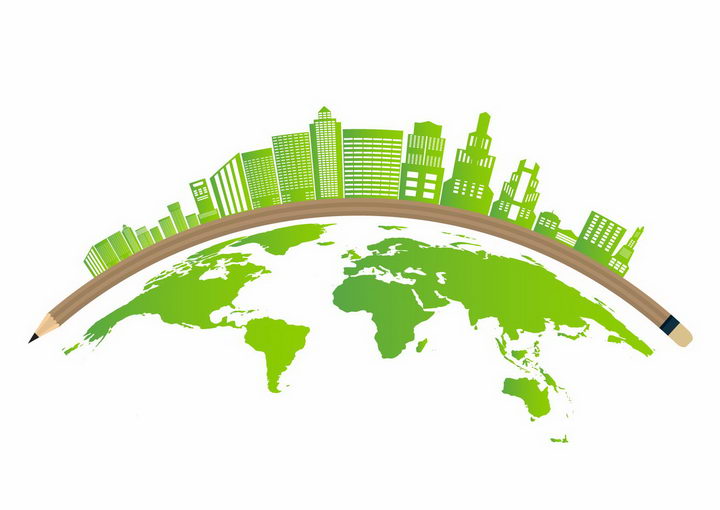 绿色世界地图和弧形铅笔上的绿色城市建筑天际线png图片免抠矢量素材 建筑装修-第1张