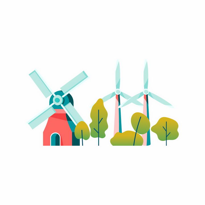 扁平插画风格大风车和风力发电机png图片免抠矢量素材 工业农业-第1张