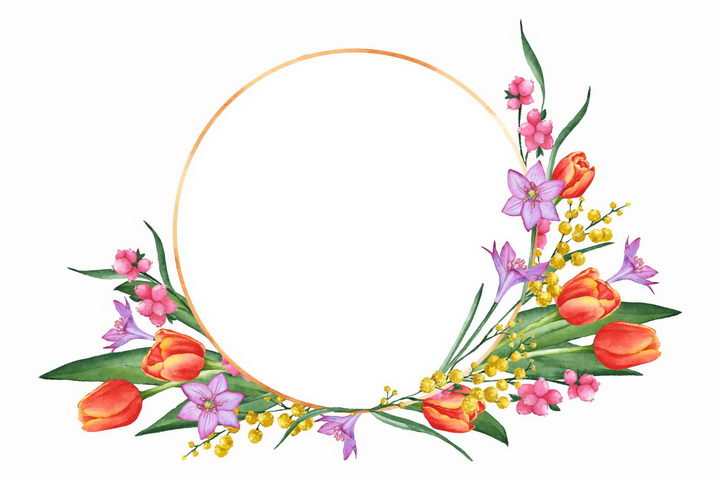 红色郁金香等花朵组成的圆环标题框png图片免抠素材