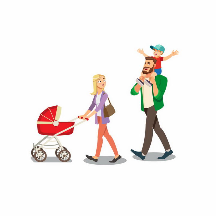 卡通风格推着婴儿车的妈妈和骑在爸爸脖子上的孩子其乐融融的一家人