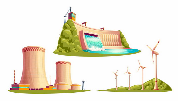 卡通漫画风格水力发电站火力发电站和风力发电站png图片免抠矢量素材