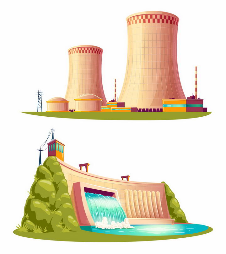 卡通漫画风格火力发电站和水力发电站png图片免抠矢量素材