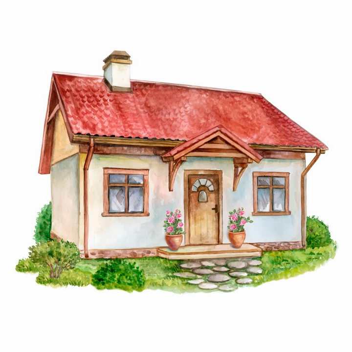 水彩画风格带草坪的红瓦房子png图片免抠矢量素材