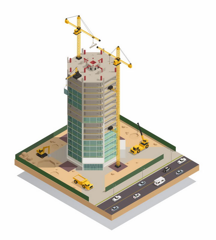 3D正在建设的摩天大楼黄色塔吊建筑工地png图片免抠矢量素材 建筑装修-第1张