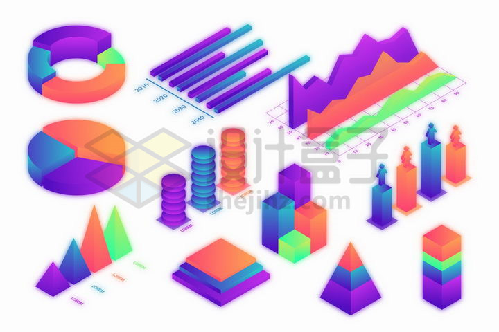 彩色发光2.5D风格饼形图柱形图折线图金字塔形等立体PPT数据图表png图片免抠矢量素材 PPT元素-第1张