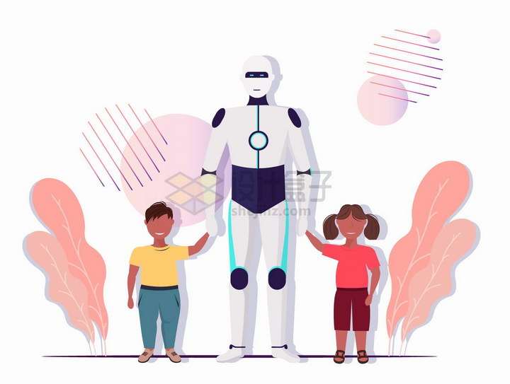 机器人带孩子家庭保姆未来科幻扁平插画png图片免抠矢量素材
