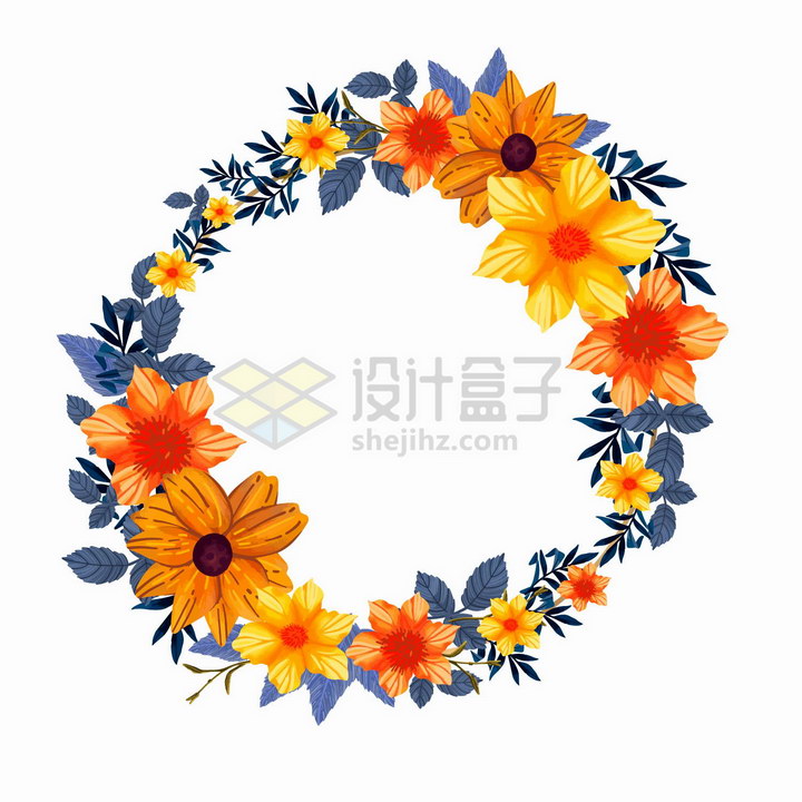 橙色鲜花和树叶组成的婚礼花环标题框装饰png图片免抠矢量素材 生物自然-第1张