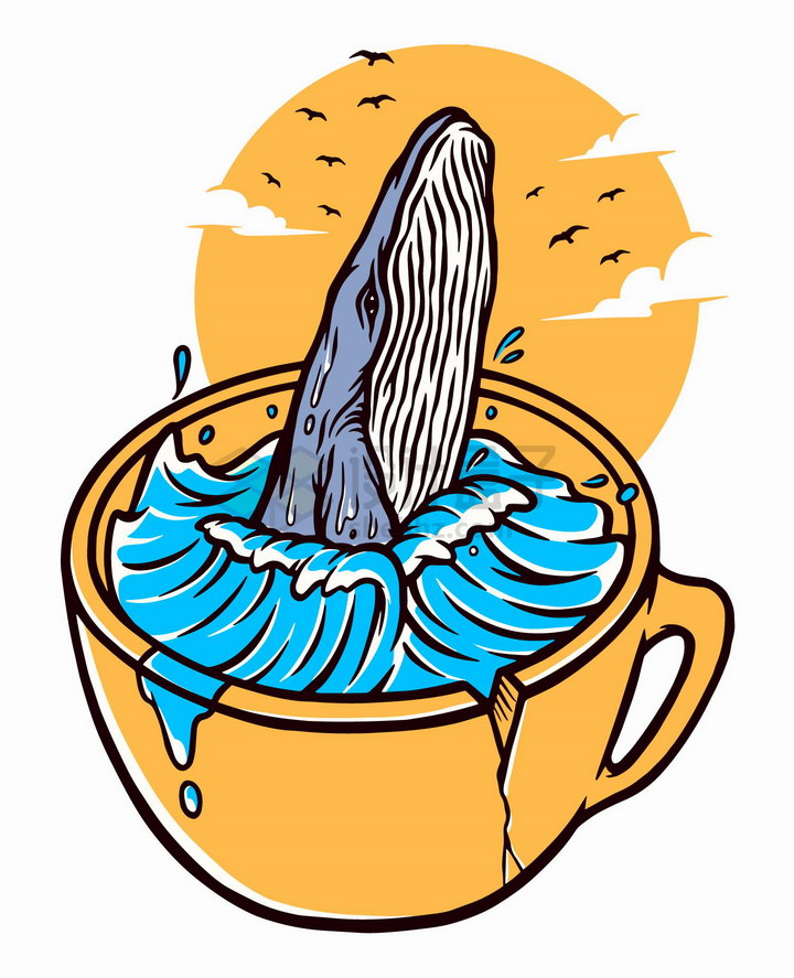 抽象茶杯中的鲸鱼和海水手绘插画png图片免抠矢量素材 插画-第1张