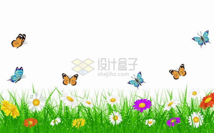 春天草丛里的彩色雏菊花朵以及飞来飞去的蝴蝶png图片免抠矢量素材 生物自然-第1张