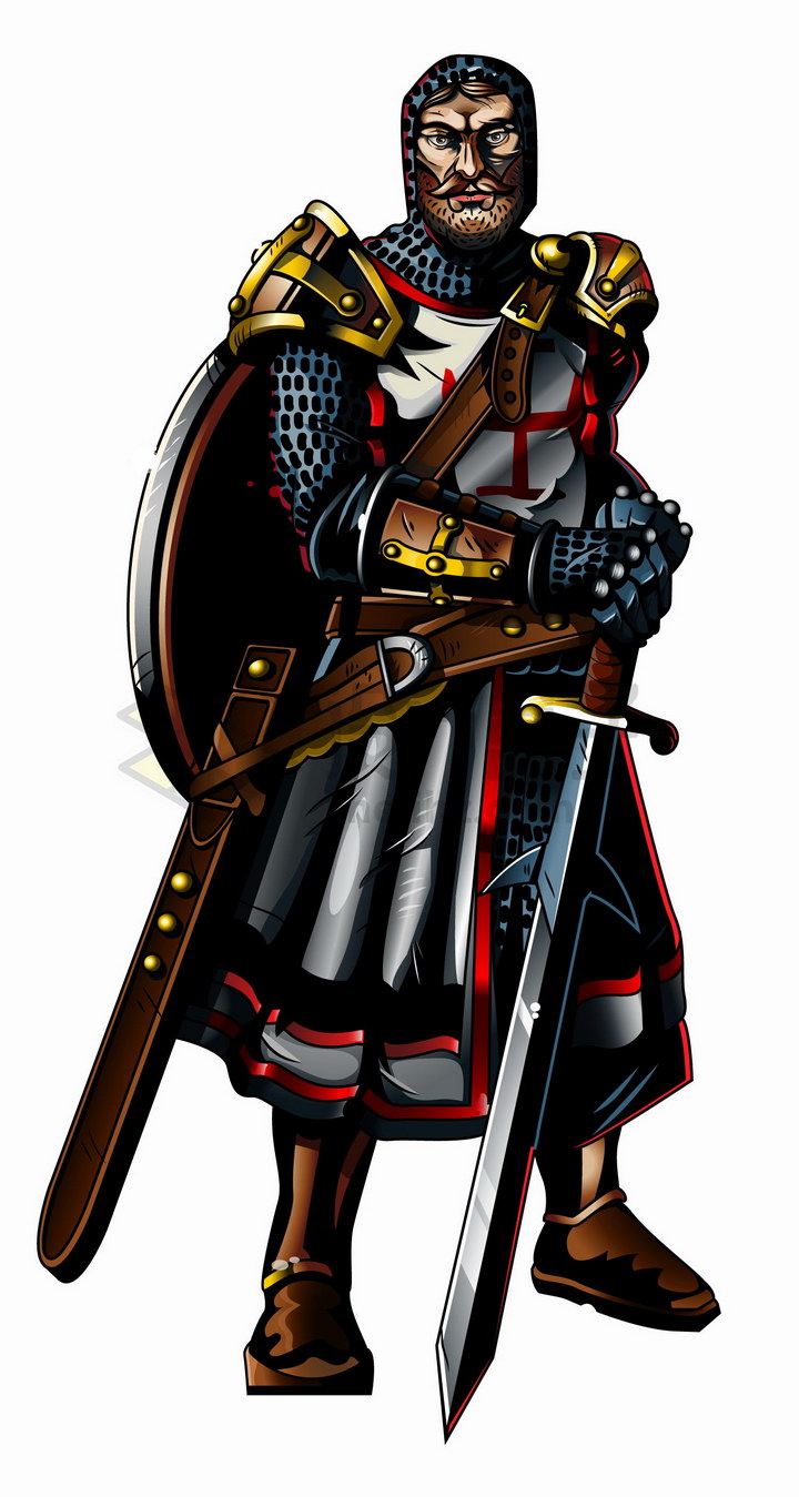 手持长剑身背盾牌的西欧武士十字军战士png图片免抠矢量素材 人物素材