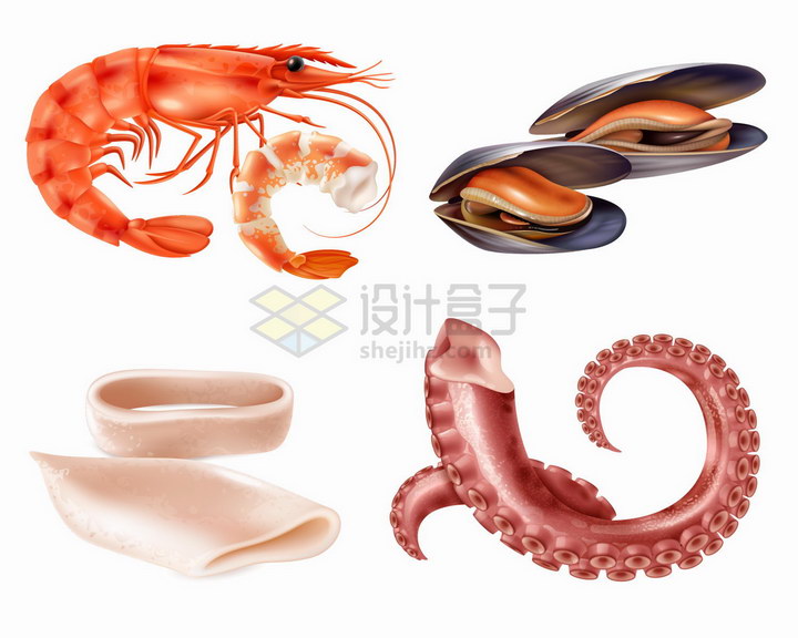 逼真的大虾贻贝鱿鱼圈和章鱼须美味海鲜海产品png图片免抠矢量素材 生活素材-第1张