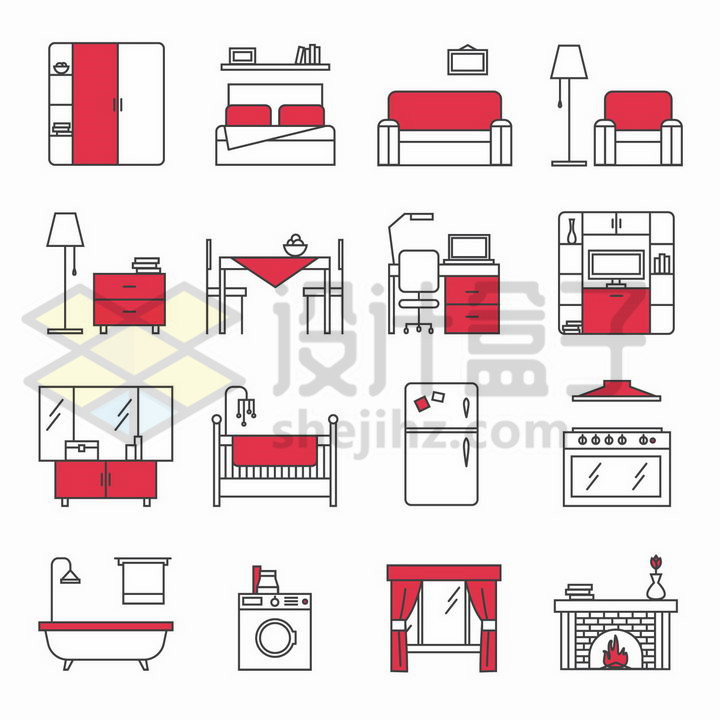 16款黑色线条红色配色橱柜大床沙发等家具png图片免抠矢量素材 建筑装修-第1张