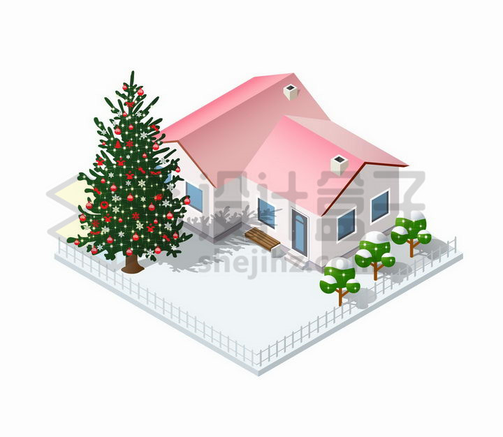 粉红屋顶有积雪的房子院子里有一棵圣诞树png图片免抠矢量素材 建筑装修-第1张