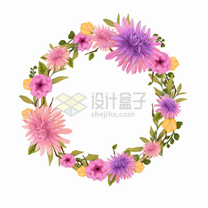 紫红色的菊花等花朵组成的婚礼花环文本框标题框png图片免抠矢量素材 生物自然-第1张