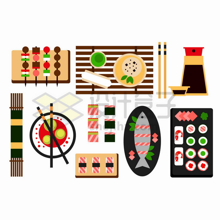 摆放整齐的日本寿司美食以及餐具俯视图png图片免抠矢量素材 生活素材-第1张
