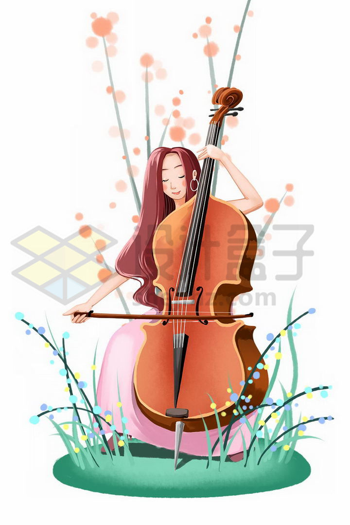 拉大提琴的卡通文艺女青年插画png图片免抠素材