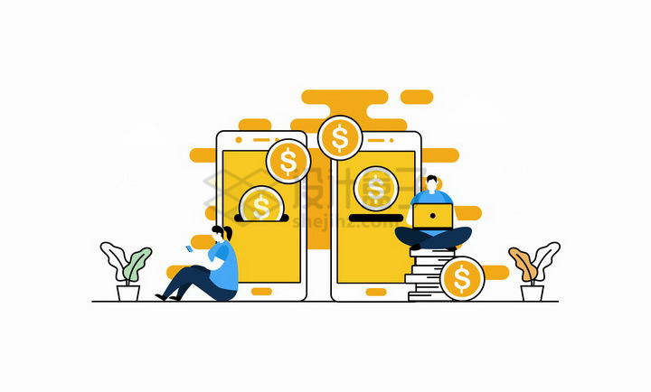 黄色扁平插画两个智能手机间的资金流动象征了手机移动支付功能png图片免抠矢量素材