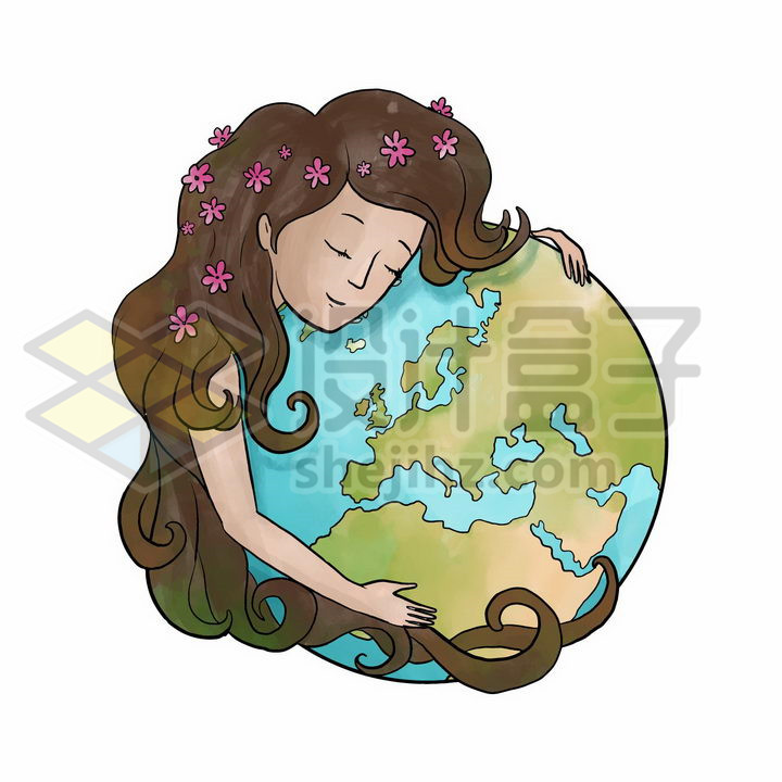 卡通女孩闭着眼睛拥抱着地球保护地球主题png图片免抠矢量素材 生物自然-第1张