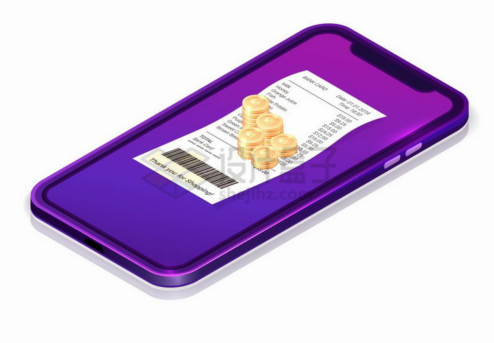 3D风格紫色智能手机上的金币和消费清单小票png图片免抠矢量素材 金融理财-第1张