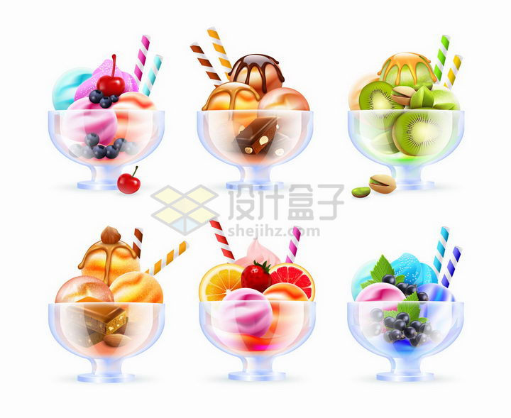 6款装在玻璃碗中的水果冰淇淋美味冷饮png图片免抠矢量素材 生活素材-第1张