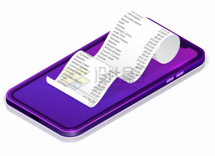 3D风格紫色智能手机上的消费清单小票png图片免抠矢量素材 金融理财-第1张