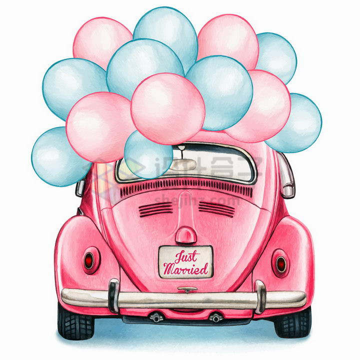 彩绘风格粉色甲壳虫汽车上挂满了彩色气球png图片免抠矢量素材
