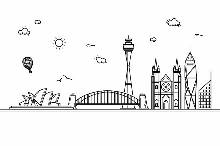 黑色线条手绘风格悉尼城市建筑知名旅游城市天际线png图片免抠素材