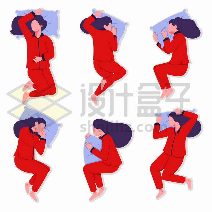 6款身穿红色睡衣的女孩睡觉姿势png图片免抠矢量素材 人物素材-第1张