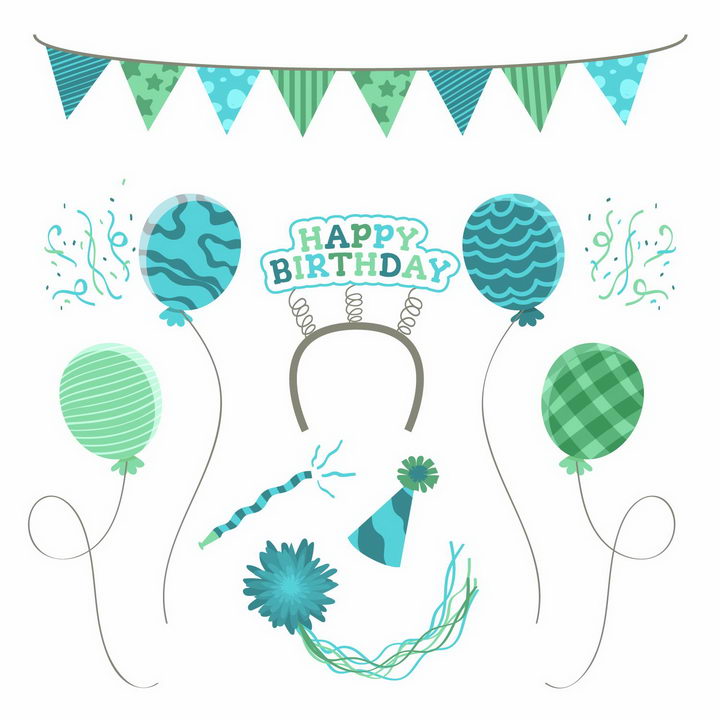 绿色彩旗气球等儿童生日宴会装饰png图片免抠矢量素材 节日素材-第1张