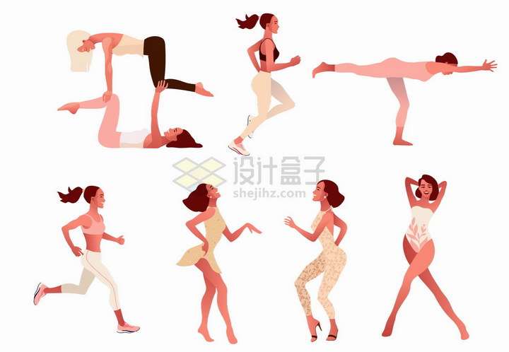 7款正在练瑜伽的女人扁平插画png图片免抠矢量素材