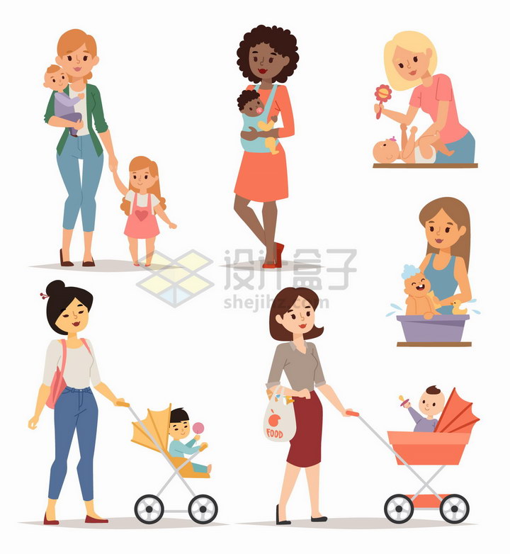 年轻妈妈抱着孩子或者是推着婴儿车png图片免抠矢量素材 人物素材