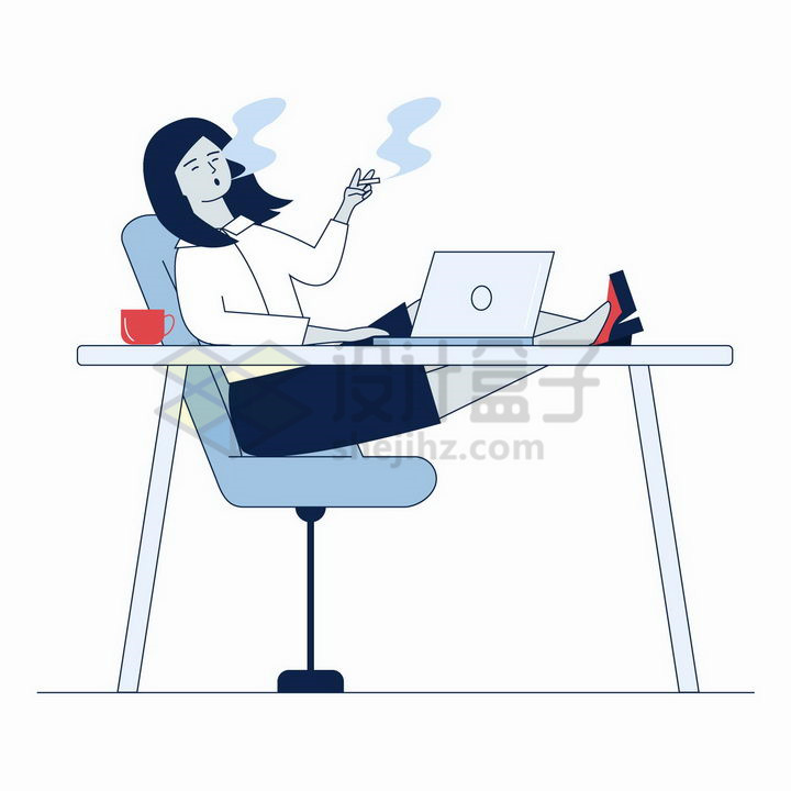 扁平插画翘腿在桌上靠在椅子上吸烟的职场女性png图片免抠矢量素材 设计盒子