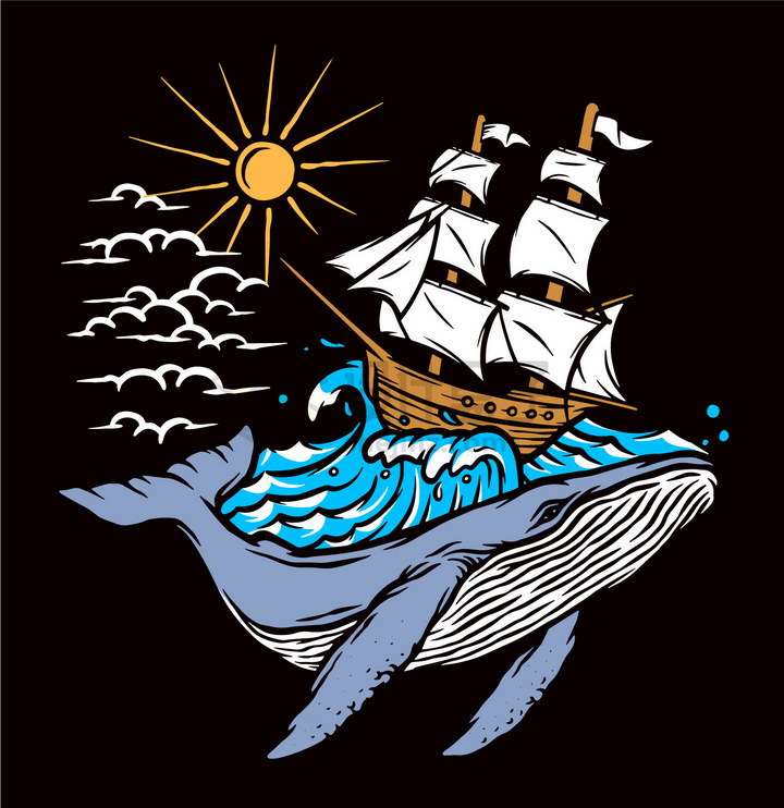 抽象鲸鱼背上大海中的帆船手绘插画png图片免抠矢量素材