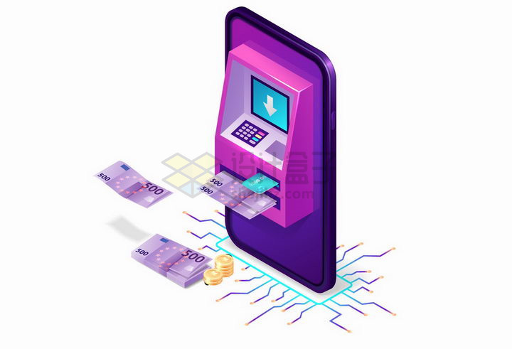 3D风格紫色手机上的ATM机象征了移动支付技术png图片免抠矢量素材 金融理财-第1张