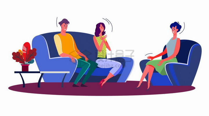 扁平插画坐在沙发上聊天的三个年轻人png图片免抠矢量素材