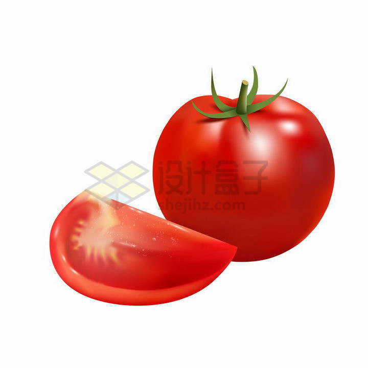一颗鲜红的西红柿和切块的美味番茄png图片免抠矢量素材