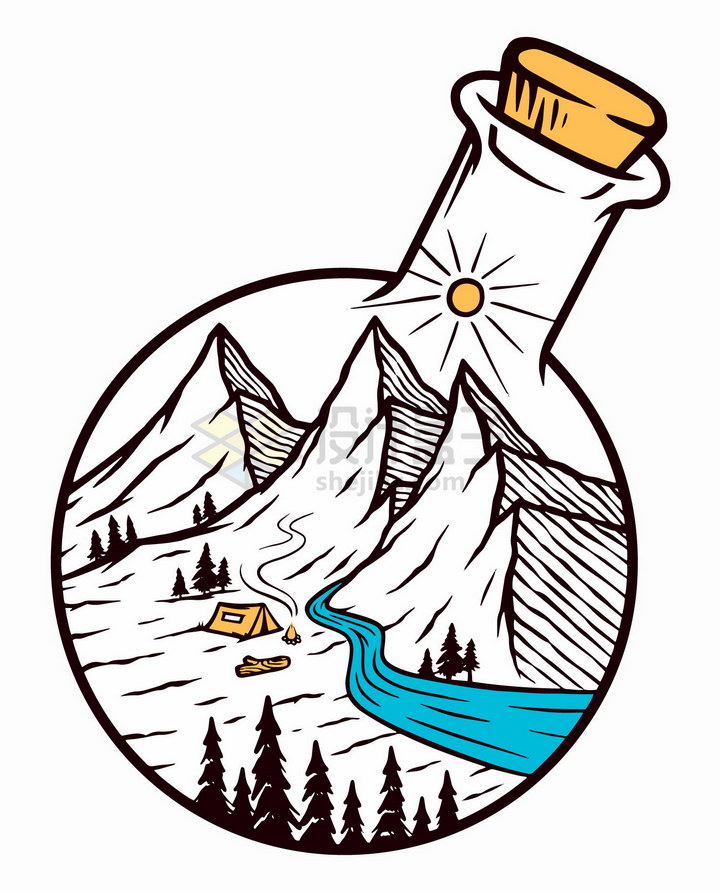 透明玻璃瓶中的高山河流手绘插画png图片免抠矢量素材 插画-第1张