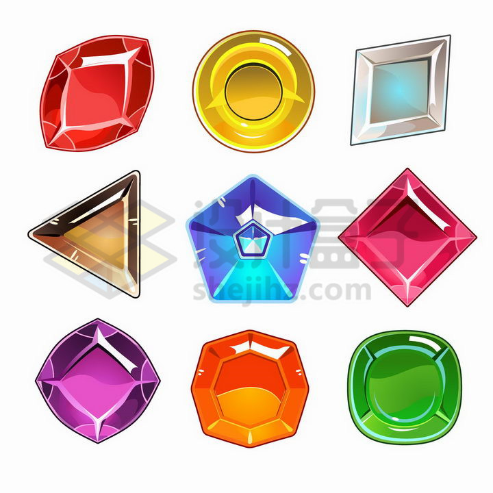 9款彩色各种形状的游戏宝石png图片免抠矢量素材 按钮元素-第1张