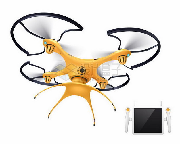 一款橙色涂装的四轴飞行器无人机和控制器png图片免抠矢量素材 IT科技-第1张