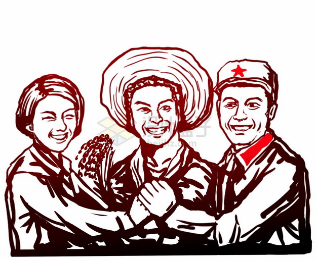一起握手的农民工人五一劳动节劳动人民刻板画插画png图片素材