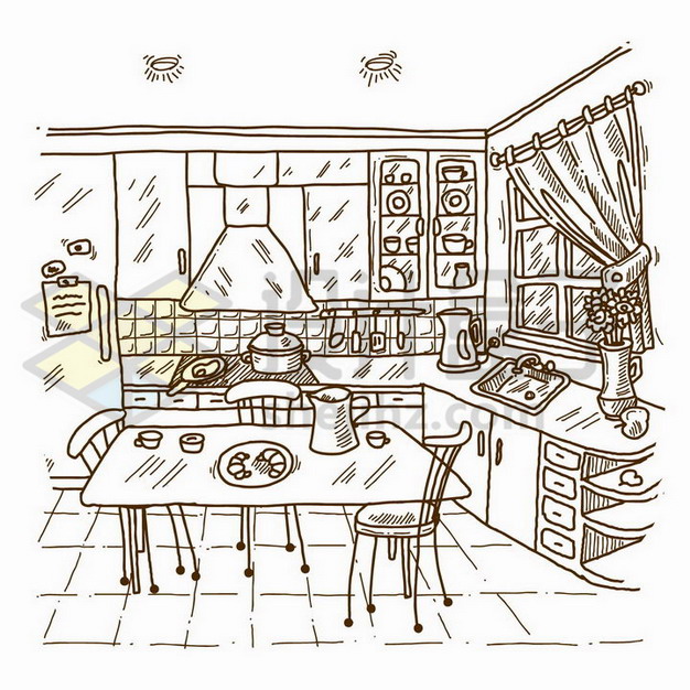 手绘素描风格杂乱的厨房和餐厅png图片免抠矢量素材 插画-第1张