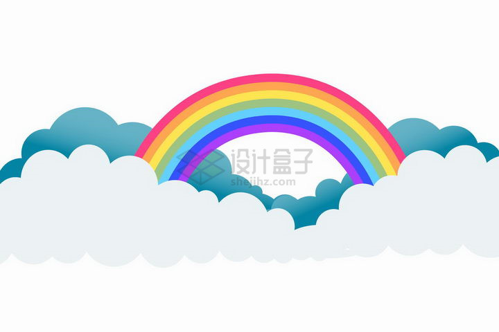 白色和蓝色卡通云朵上的七彩虹png图片免抠矢量素材 装饰素材-第1张