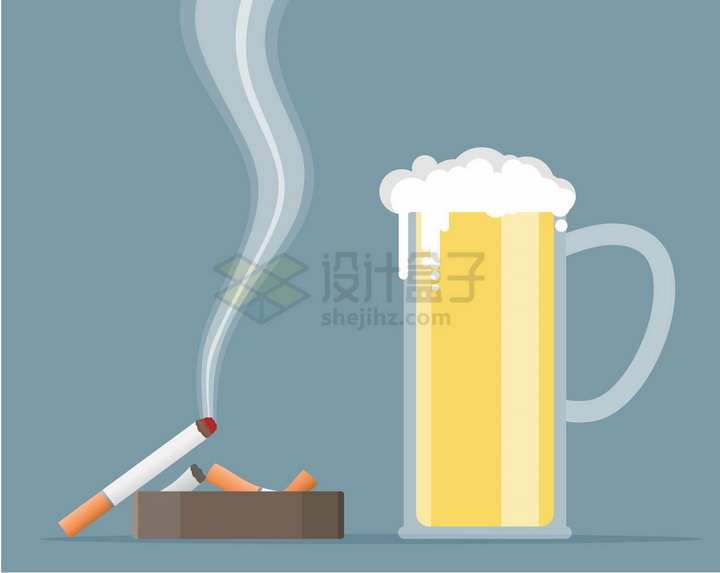 啤酒杯旁的香烟和烟灰缸扁平插画png图片免抠矢量素材