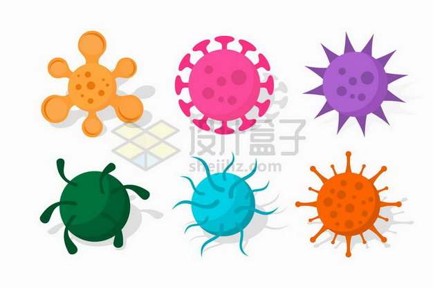 6款彩色的卡通细菌新型冠状病毒扁平插画png图片免抠矢量素材