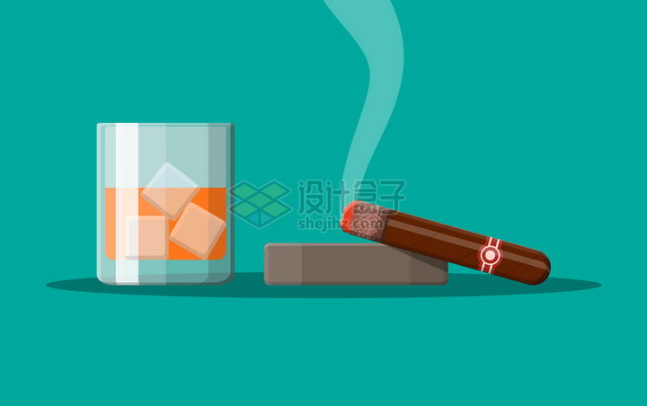 放在烟灰缸上冒烟的雪茄烟和加冰的红酒png图片素材 健康医疗-第1张