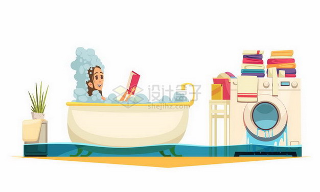 卡通美女正在洗澡下水道却堵塞了png图片免抠矢量素材 人物素材-第1张