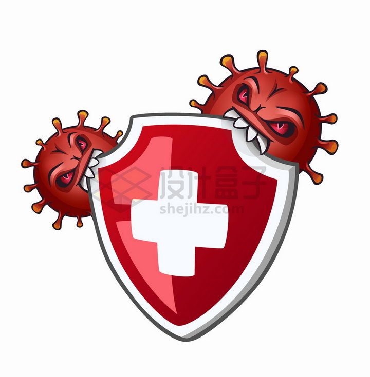 红色的卡通新型冠状病毒正在咬红十字防护盾png图片免抠矢量素材 健康医疗-第1张
