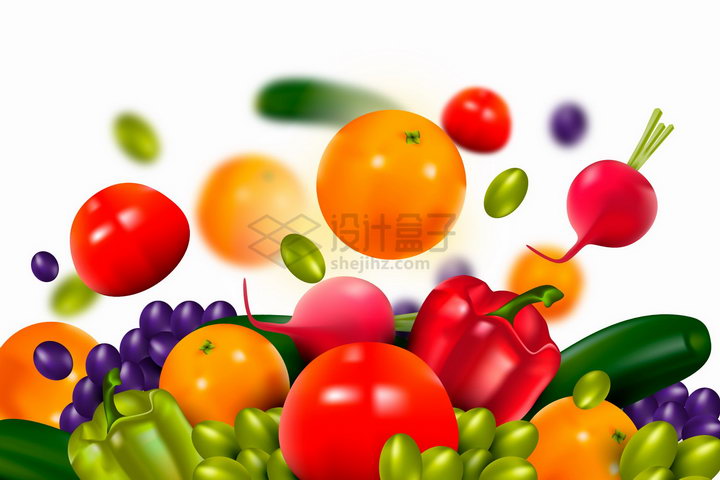 掉落的逼真西红柿萝卜黄瓜葡萄等美味蔬菜水果背景png图片免抠矢量素材 生活素材-第1张