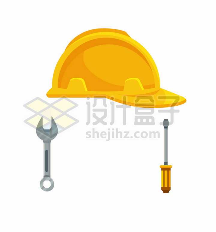 黄色的安全帽头盔扳手和螺丝刀五一劳动节png图片免抠矢量素材