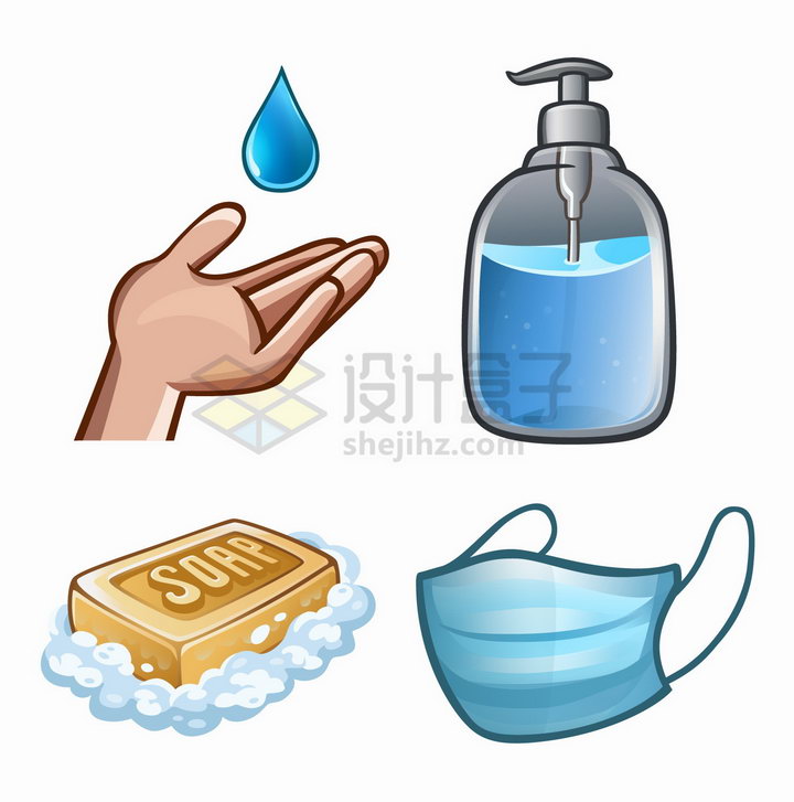 用洗手液和肥皂洗手戴口罩卡通预防新型冠状病毒png图片免抠矢量素材 健康医疗-第1张